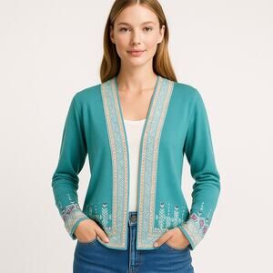 IVKO Woman Intarsia Knit Cardigan Sweater Sz XXL Aqua Alpen Nordic Scandi Girl